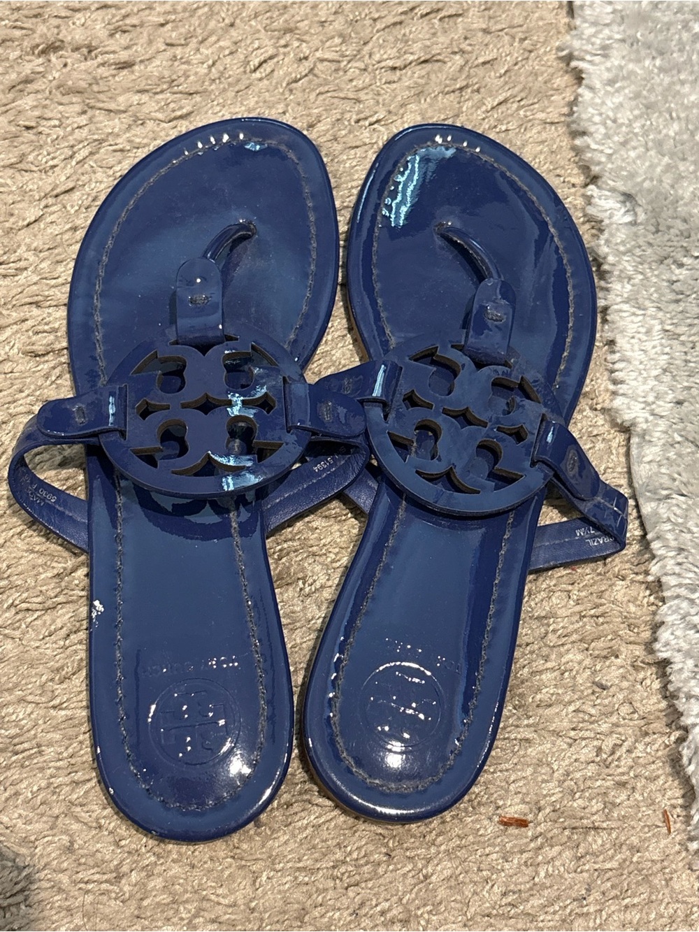 Tory Burch Blue Patent Leather Logo Thong Sandals